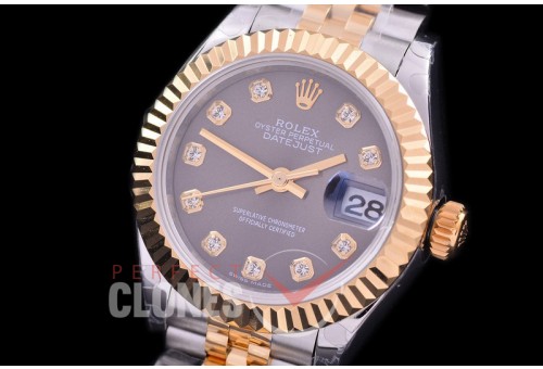 R28DJT-413J BP Datejust 28mm Ladies 279173 SS/YG Fluted/Jubilee Dark Rhodium Grey Diamonds Eta 2671
