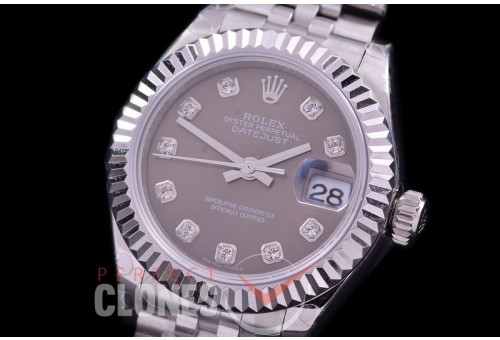 R28DJS-413J BP Datejust 28mm Ladies 279174 SS/SS Fluted/Jubilee Dark Rhodium Grey Diamonds Eta 2671
