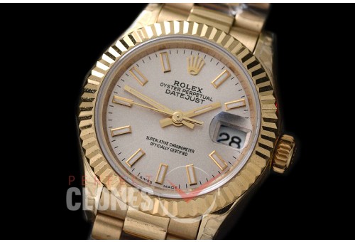 R28DJF-611 279178 Datejust Ladies 28mm Fluted/President YG/YG Silver Sticks ETA 2671