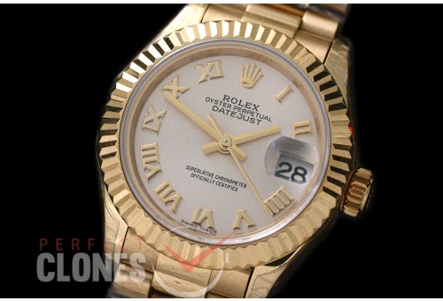 R28DJF-621 279178 Datejust Ladies 28mm Fluted/President YG/YG Silver Roman ETA 2671