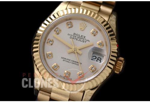 R28DJF-601 279178 Datejust Ladies 28mm Fluted/President YG/YG Silver Diam ETA 2671