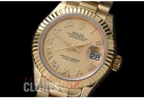 R28DJF-623 279178 Datejust Ladies 28mm Fluted/President YG/YG Gold Roman ETA 2671