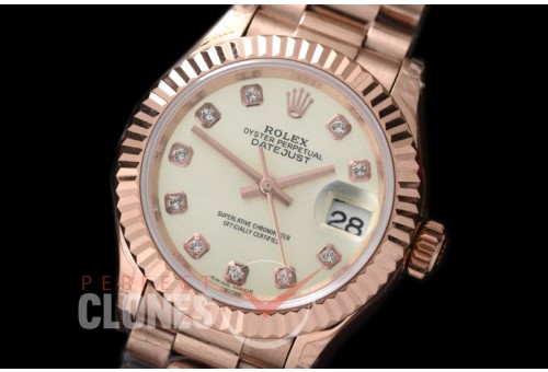 R28DJR-602 279175 Datejust Ladies 28mm Fluted/President RG/RG Metalic Yellow Roman ETA 2671