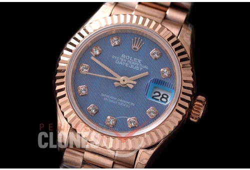 R28DJR-605 279175 Datejust Ladies 28mm Fluted/President RG/RG Blue Diamond /ETA 2671