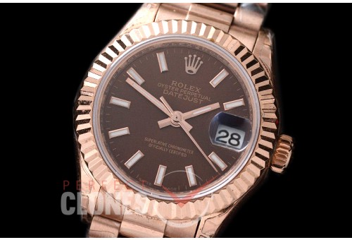 R28DJR-616 279175 Datejust Ladies 28mm Fluted/President RG/RG Brown Sticks ETA 2671