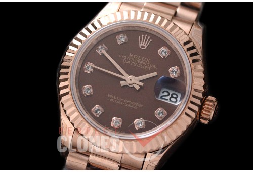 R28DJR-606 279175 Datejust Ladies 28mm Fluted/President RG/RG Brown Sticks ETA 2671