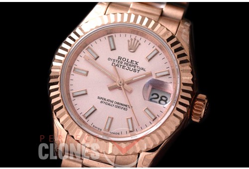 R28DJR-615 279175 Datejust Ladies 28mm Fluted/President RG/RG Rose Sticks ETA 2671