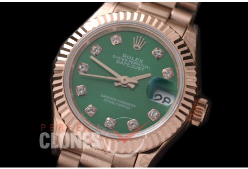R28DJR-604 279175 Datejust Ladies 28mm Fluted/President RG/RG Green Diamond ETA 2671