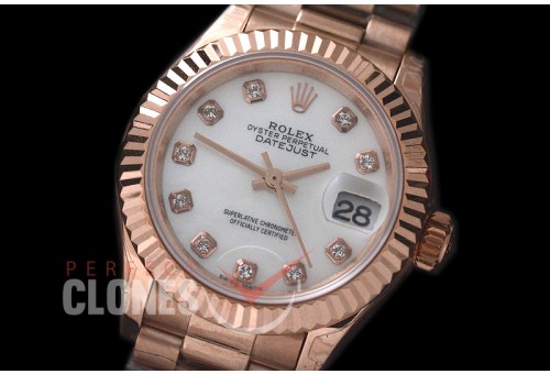 R28DJR-601 279175 Datejust Ladies 28mm Fluted/President RG/RG White Diamond ETA 2671