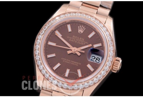 R28DJR-616D 279135RBR Datejust Ladies 28mm Fluted/President RG/RG Brown Sticks ETA 2671
