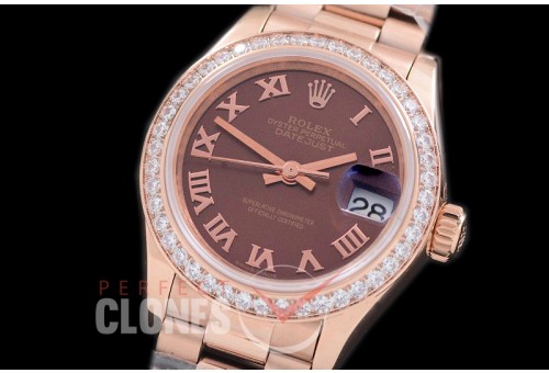 R28DJR-626D 279135RBR Datejust Ladies 28mm Fluted/President RG/RG Brown Roman ETA 2671