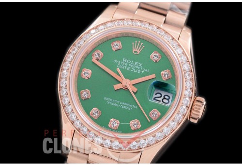 R28DJR-604D 279135RBR Datejust Ladies 28mm Fluted/President RG/RG Green Diamond ETA 2671