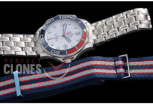 0 0 0 0 0 OM300M-078S AIF Seamaster Diver 300M "007 Commander's Watch" SS/SS White Asian 2824 Mod 8800 Free Rubber Strap 