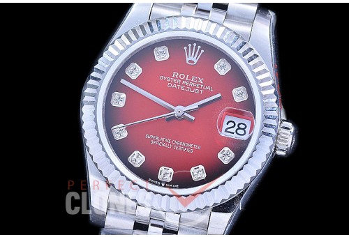 R31DJS-115 GMF 904 Steel Datejust Midsize 278274 SS/SS Fluted/Jubilee Red Ombre Diamonds Asian Clone 2824