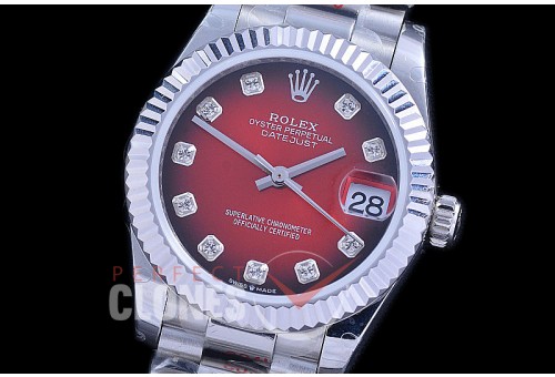 R31DJS-195 GMF 904 Steel Datejust Midsize 278274 SS/SS Fluted/President Red Ombre Diamonds Asian Clone 2824