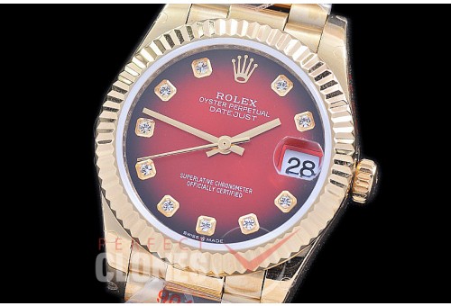 R31DJF-195 GMF 904 Steel Datejust Midsize 278288 YG/YG Fluted/President Red Ombre Diamonds Asian Clone 2824