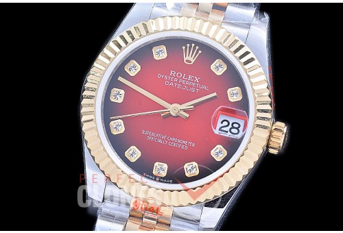 R31DJT-116 GMF 904 Steel Datejust Midsize 278273 SS/YG Fluted/Jubilee Red Ombre Diamonds Asian Clone 2824