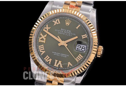 R36DJT-3235-130 GMF 126233 SS/YG Fluted/Jubilee Olive Green Roman SH 3235 904L Steel 