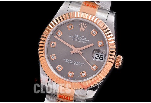 R31DJTR-163 GMF 904 Steel Datejust Midsize 278271 SS/RG Fluted/Oyster Dark Rhodium Grey Diamonds Asian Clone 2824