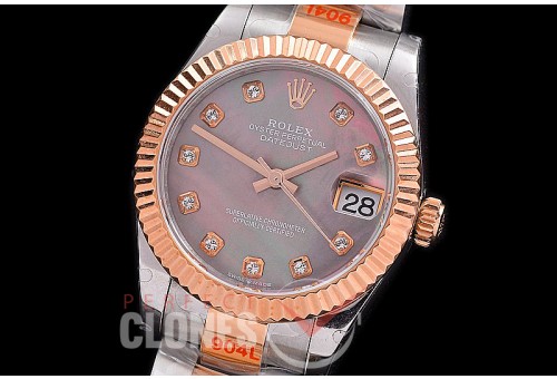 R31DJTR-168 GMF 904 Steel Datejust Midsize 278271 SS/RG Fluted/Oyster MOP Black Diamonds Asian Clone 2824