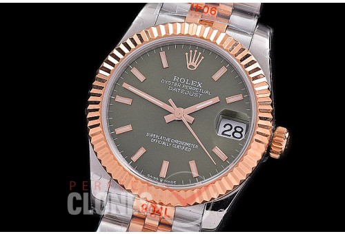 R31DJTR-106 GMF 904 Steel Datejust Midsize 278271 SS/RG Fluted/Jubilee Olive Green Sticks Asian Clone 2824