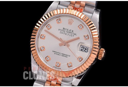 R31DJTR-110 GMF 904 Steel Datejust Midsize 278271 SS/RG Fluted/Jubilee Silver Diamonds Asian Clone 2824