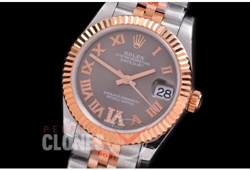 R31DJTR-125 GMF 904 Steel Datejust Midsize 278271 SS/RG Fluted/Jubilee Dark Rhodium Grey Roman-Diamonds Asian Clone 2824