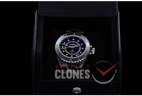 0 0 CHA-38-207 BVF New J12 H5705 CER/CER Black Diamonds Japanese Miyota 9015 Mod to Chanel Calibre 12.1