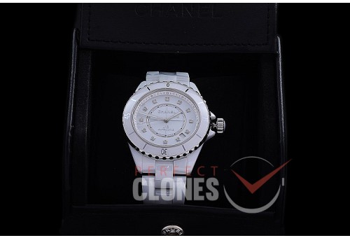 0 0 CHA-38-206 BVF New J12 H5705 CER/CER White Diamonds Japanese Miyota 9015 Mod to Chanel Calibre 12.1