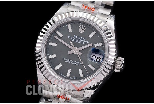 R28DJS-103J GMF 904L Steel Datejust 28mm Ladies 279174 SS/SS Fluted/Jubilee Dark Rhodium Grey Sticks Eta 2671