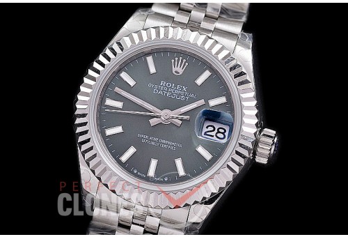 R28DJS-403J BP Datejust 28mm Ladies 279174 SS/SS Fluted/Jubilee Dark Rhodium Grey Sticks Eta 2671