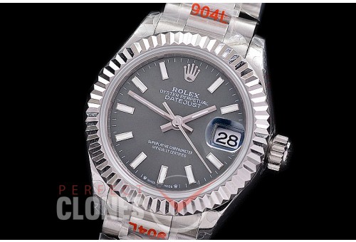 R28DJS-103P GMF 904L Steel Datejust 28mm Ladies 279166 SS/SS Fluted/President Dark Rhodium Grey Sticks Eta 2671