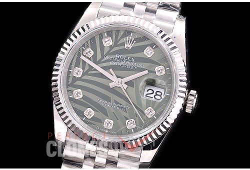 R36DJS-546 BP Datejust 36 126234 SS/SS Fluted/Jubilee 2021 Green Palm Motif Diamonds A-2824