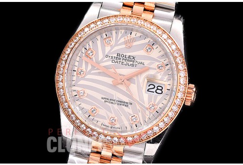 R36DJTR-519Y BP Datejust 36 126231 SS/RG Fluted/Jubilee 2021 Silver Palm Diamonds A-2824