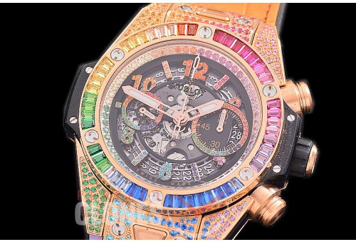 0 0 0 0 0 HB45-118D2 ZF Big Bang Unico Rainbow Bling RG/Diam/RU Black Skeleton A-7750