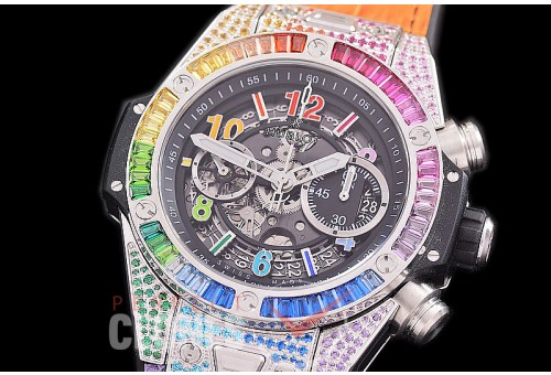 0 0 0 0 0 HB45-108D2 ZF Big Bang Unico Rainbow Bling SS/Diam/RU Black Skeleton A-7750 