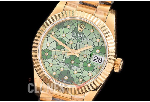 R31DJF-336 Datejust Midsize 278288 YG/YG Fluted/President Green Flora Diam Asian Clone 2824 