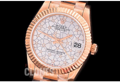 R31DJR-331 Datejust Midsize 278285 RG/RG Fluted/President Silver Flora Diam Asian Clone 2824 
