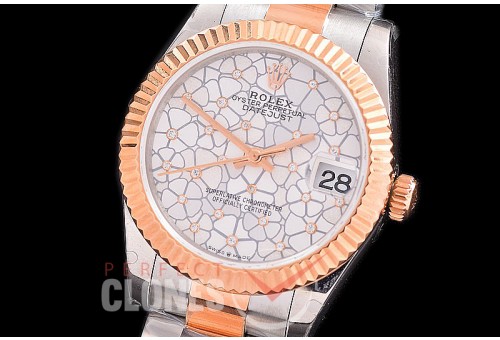 R31DJTR-431 Datejust Midsize 278285 SS/RG Fluted/Oyster Silver Flora Diam Asian Clone 2824 