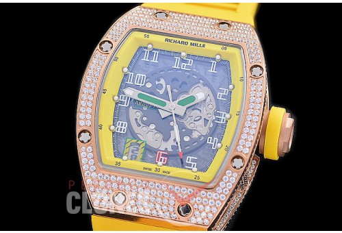 0 0 0 0 RM005-013 HHWF RM005 RG/RU Skeletonized Asian Custom Calibre Yellow Rubber Strap 