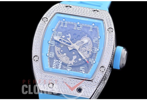 0 0 0 0 RM010-055 HHWF RM010 SS/RU Skeletonized Asian Custom Calibre Cyan Blue Rubber Strap 