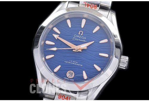 OMAT34-912 Ladies 34mm Aqua Terra Date Master Co-Axial Automtaic SS/SS Blue Wavy Sticks A-2813/Mod 8800