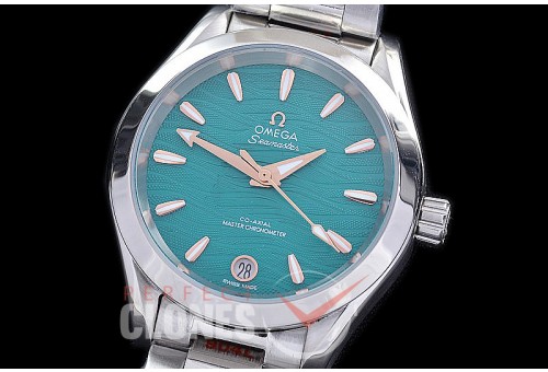 OMAT34-913 Ladies 34mm Aqua Terra Date Master Co-Axial Automtaic SS/SS Green Wavy Sticks A-2813/Mod 8800