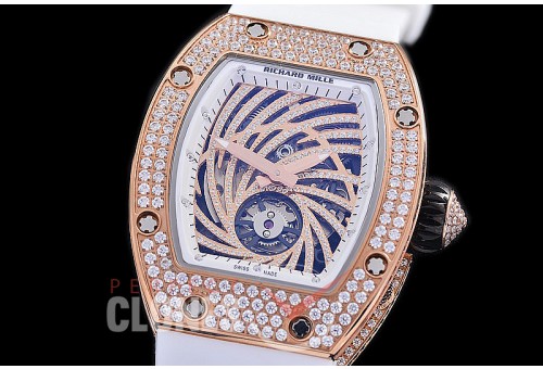 0 0 0 0 0 RM051-061D HHWF RM051 Tourbillon Diamond Twister RG/RU Skeletonized Asian Custom Calibre White Rubber Strap 