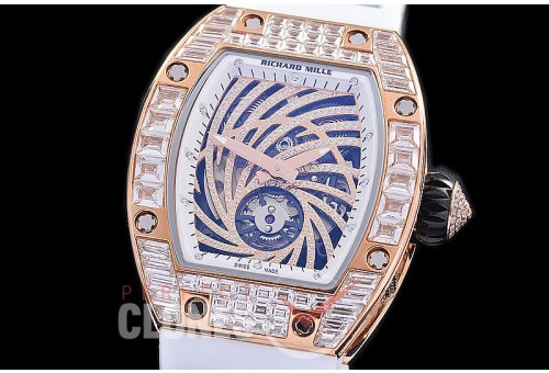 0 0 0 0 0 RM051-061D1 HHWF RM051 Tourbillon Diamond Twister RG/RU Skeletonized Asian Custom Calibre White Rubber Strap 