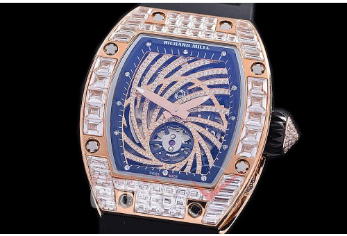 0 0 0 0 0 RM051-062D1 HHWF RM051 Tourbillon Diamond Twister RG/RU Skeletonized Asian Custom Calibre Black Rubber Strap 