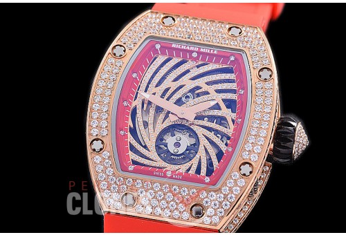 0 0 0 0 0 RM051-063D HHWF RM051 Tourbillon Diamond Twister RG/RU Skeletonized Asian Custom Calibre Red Rubber Strap 