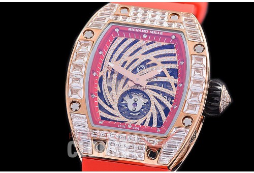 0 0 0 0 0 RM051-063D1 HHWF RM051 Tourbillon Diamond Twister RG/RU Skeletonized Asian Custom Calibre Red Rubber Strap 
