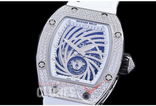 0 0 0 0 0 RM051-051D HHWF RM051 Tourbillon Diamond Twister SS/RU Skeletonized Asian Custom Calibre White Rubber Strap 