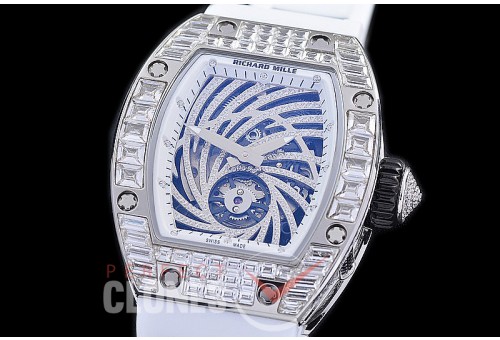 0 0 0 0 0 RM051-051D1 HHWF RM051 Tourbillon Diamond Twister SS/RU Skeletonized Asian Custom Calibre White Rubber Strap 